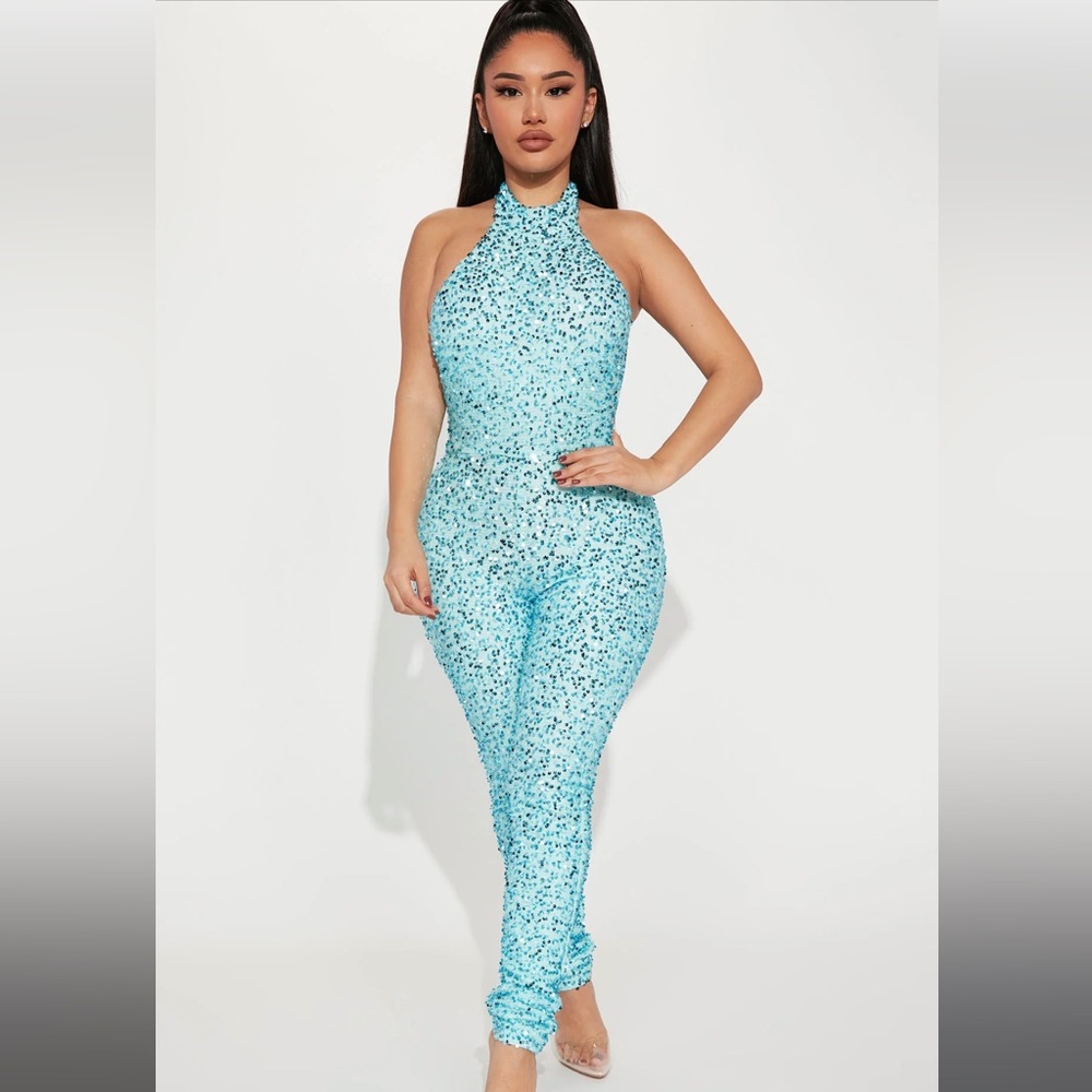 Fashion Nova Aqua Sequin Halter Jumpsuit